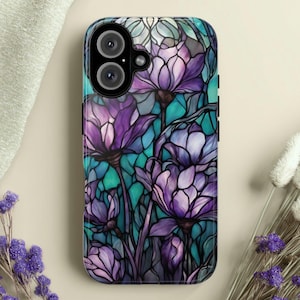 Purple & Teal Stained Glass Flower Tough Phone Case, Fits iPhone, Galaxy, Pixel image 1