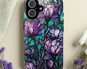 Purple & Teal Stained Glass Flower Tough Phone Case, Fits iPhone, Galaxy, Pixel