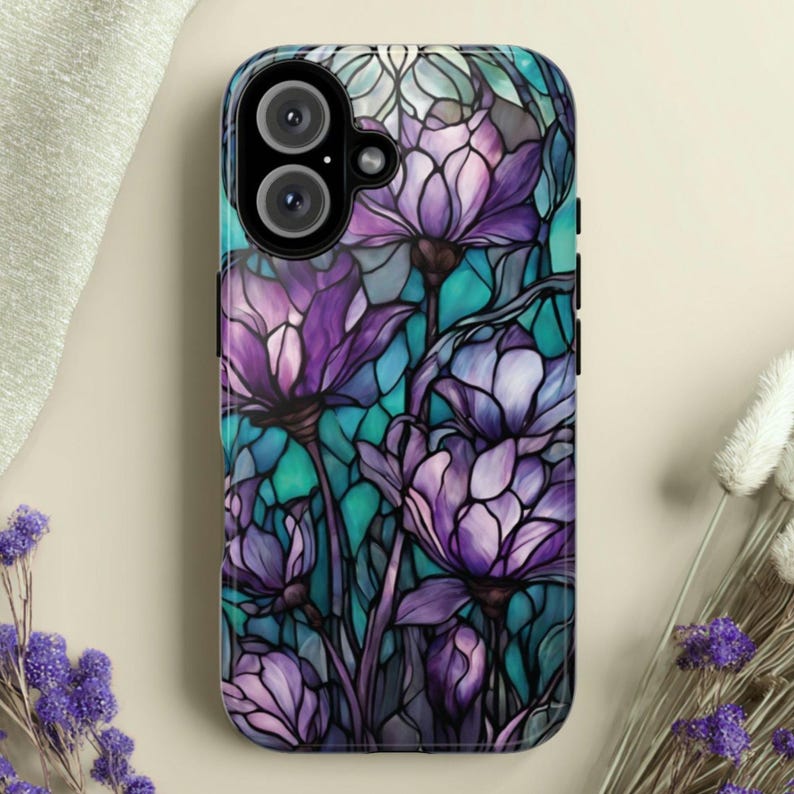 Purple & Teal Stained Glass Flower Tough Phone Case, Fits iPhone, Galaxy, Pixel image 1