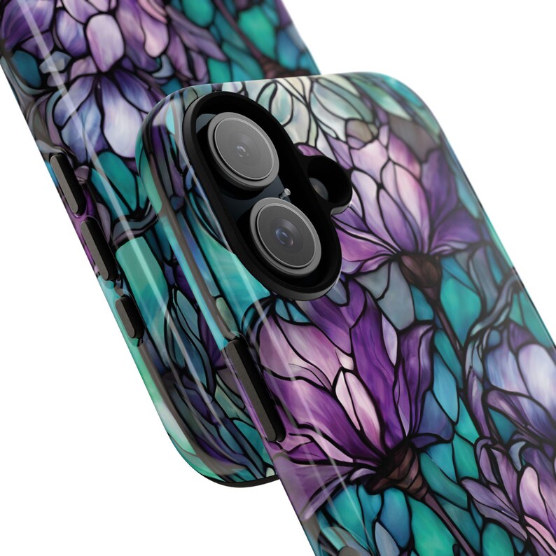 Purple & Teal Stained Glass Flower Tough Phone Case, Fits iPhone, Galaxy, Pixel image 2