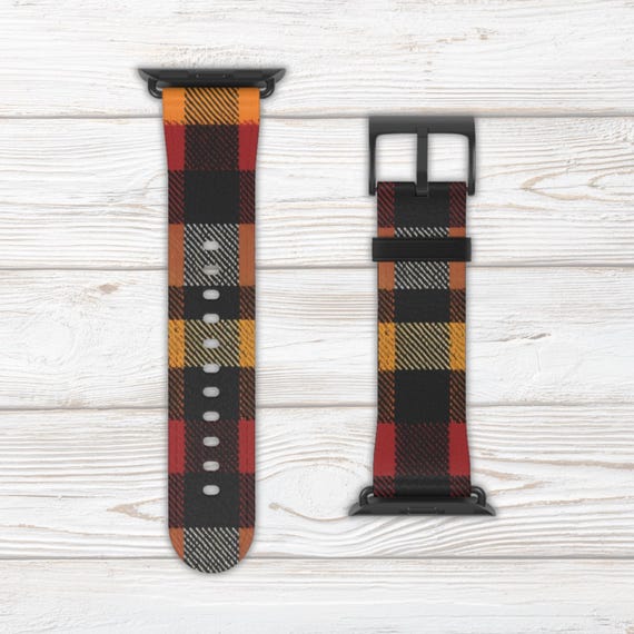Plaid Watch Band for Apple Watch Series 1 2 3 4 5 6 7 8 9 Ultra SE, Faux Leather, Stainless Steel Hardware, Fall Autumn Red Yellow Brown