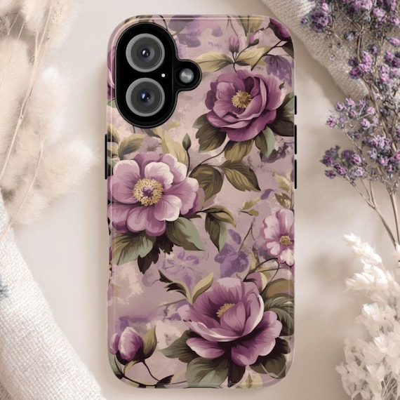 Elegant Purple Floral Tough Phone Case: Fits iPhone, Galaxy, Pixel
