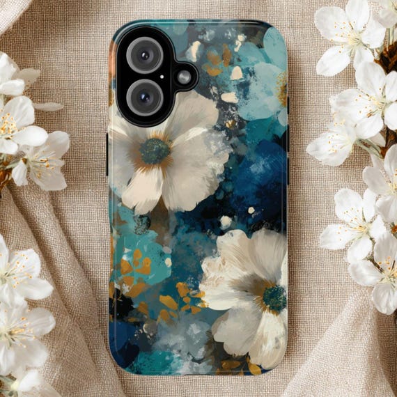 Teal & White Floral Tough Phone Case, Fits iPhone, Galaxy, Pixel
