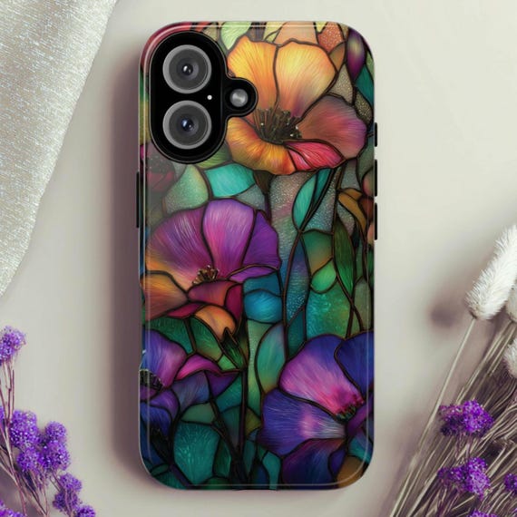 Stained Glass Floral Tough Phone Case: Fits iPhone, Galaxy, Pixel