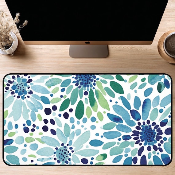 Flower Desk Mat, Floral Desk Pad, Blue & Green Mousepad, Watercolor, Office Decor, College Dorm Decor, Keyboard Mat, Pretty Desk Pad