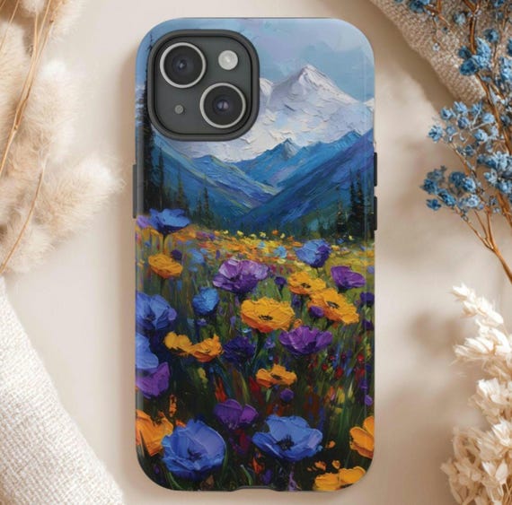 Mountain Wildflowers Phone Case Fits iPhone 12 13 14 15 16 17, Galaxy S20 S21 S22 S23 S24 S25, Pixel 7 8 9, Tough Case, Oil Painting Nature