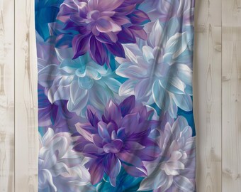 Floral Sherpa Blanket, Floral Fleece Blanket, Flower Throw Blanket, Bedding, Gift Idea, Feminine Girly, Purple & Blue Blanket, 50x60, 60x80