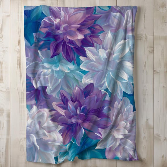 Floral Sherpa Blanket, Floral Fleece Blanket, Flower Throw Blanket, Bedding, Gift Idea, Feminine Girly, Purple & Blue Blanket, 50x60, 60x80