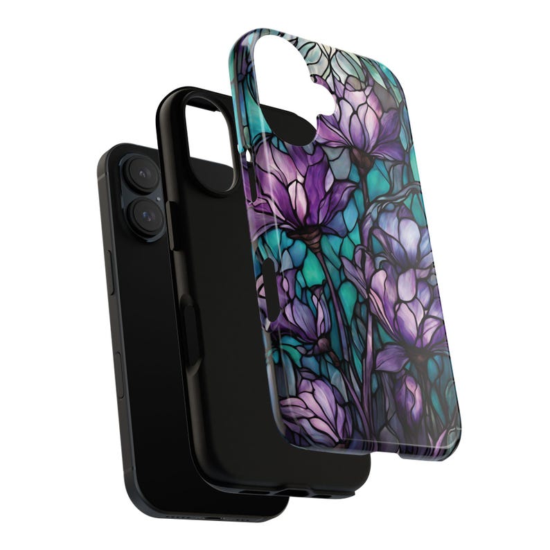 Purple & Teal Stained Glass Flower Tough Phone Case, Fits iPhone, Galaxy, Pixel image 3