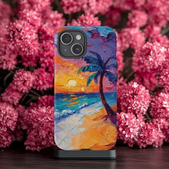 Beach Phone Case, Fits iPhone 12 13 14 15 16, Samsung Galaxy S20 S21 S22 S23 S24 S25, Pixel 7 8 9, Sunset Summer, Ocean, Palm Tree, Colorful