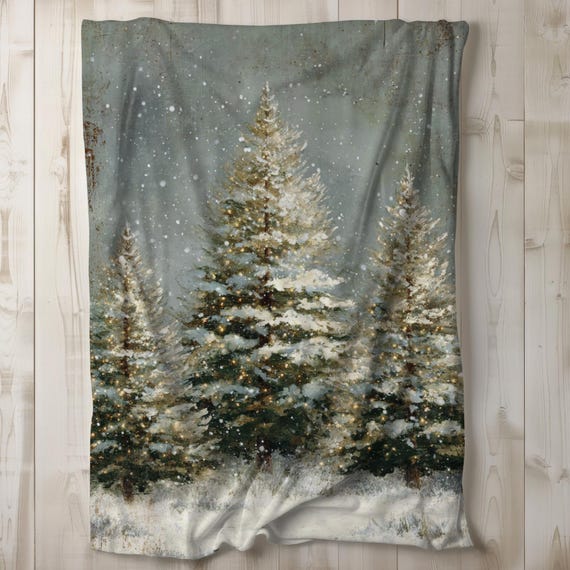 Winter Sherpa Blanket, Christmas Fleece Blanket, Pine Trees Throw Blanket, Bedding, Gift Idea, Rustic Home Decor, Snowy Scene 50x60 60x80