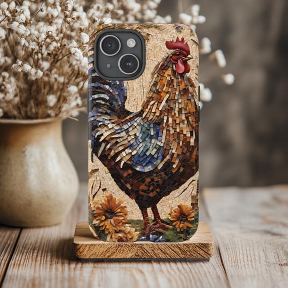 Chicken Phone Case, Fits iPhone 11 12 13 14 15 16, Samsung Galaxy S20 S21 S22 S23 S24 S25, Rooster, Farm, Mosaic, Rustic, Country