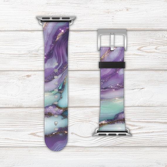 Marbled Watch Band for Apple Watch Series 1 2 3 4 5 6 7 8 9 Ultra SE, Faux Leather, Stainless Steel Hardware, Women's Smartwatch Strap Bling