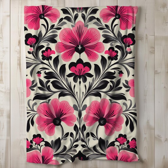Pink & Black Sherpa Blanket, Flower Fleece Blanket, Floral Throw Blanket, Bedding, Gift Idea, Feminine Girly, Art Nouveau,  50x60, 60x80