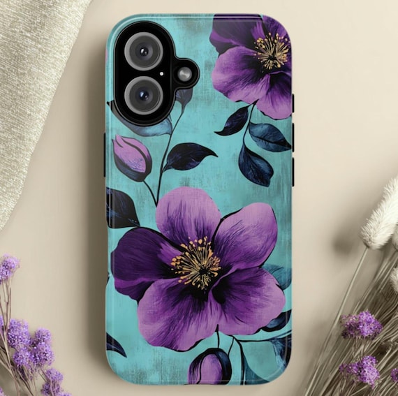 Purple & Teal Flower Tough Phone Case, Fits iPhone, Galaxy, Pixel