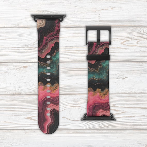 Marbled Watch Band for Apple Watch Series 1 2 3 4 5 6 7 8 9 Ultra SE, Faux Leather, Stainless Steel Hardware, Pink Green Black, Edgy, Trendy