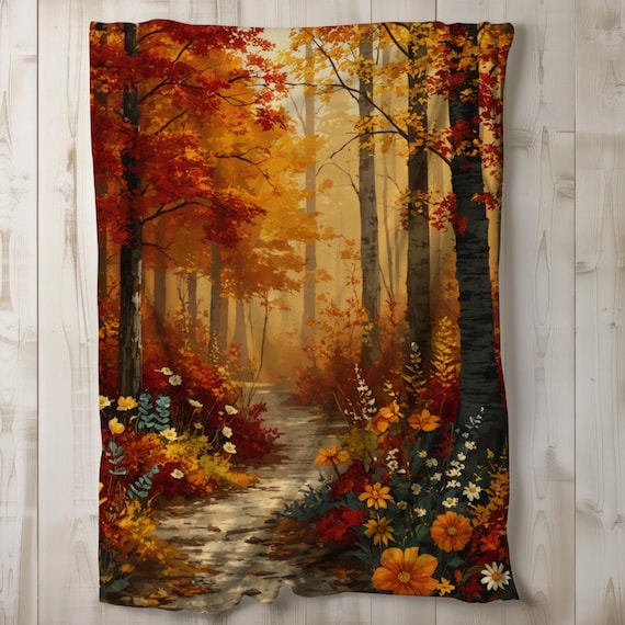 Fall Sherpa Blanket, Autumn Fleece Blanket, Forest Throw Blanket, Bedding, Gift Idea, Fall Decor, Autumn Blanket, Nature Blanket 50x60 60x80
