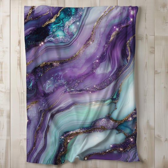 Marbled Sherpa Blanket, Purple Teal Fleece Blanket, Throw Blanket, Bedding, Gift Idea for Teen Girl, Feminine Girly Bling Glam, 50x60, 60x80