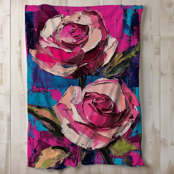 Roses Sherpa Blanket, Flower Fleece Blanket, Floral Throw Blanket, Gift Idea for Girl, Teen Decor, Bedding, Pink Blue Artistic 50x60 60x80