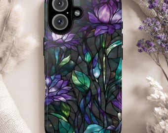 Stained Glass Purple Floral Tough Phone Case: Fits iPhone, Galaxy, Pixel