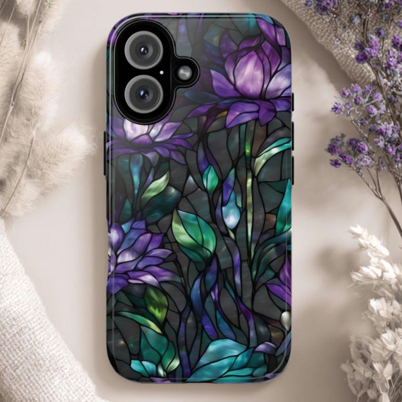 Stained Glass Purple Floral Tough Phone Case: Fits iPhone, Galaxy, Pixel image 1