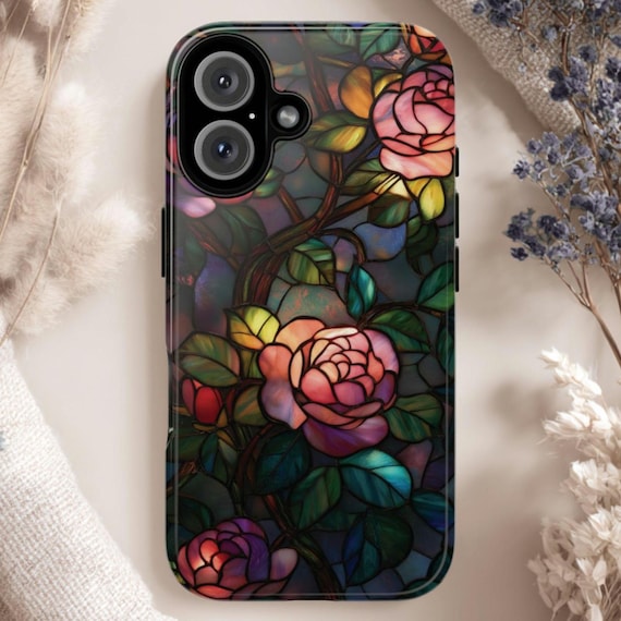 Stained Glass Roses Tough Phone Case: Fits iPhone, Galaxy, Pixel