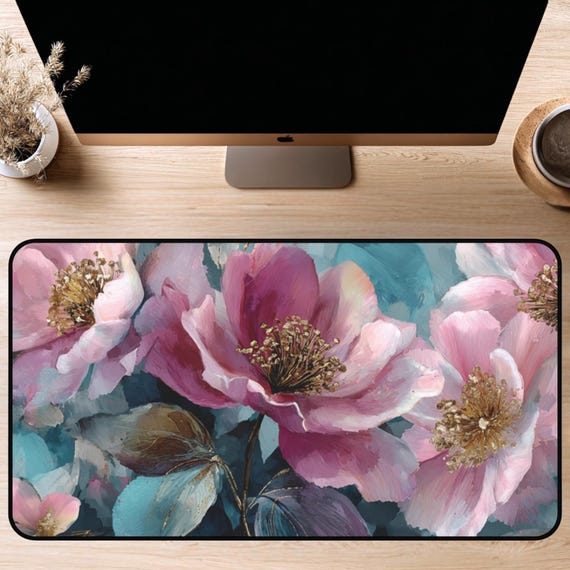 Pink & Teal Floral Desk Mat | 12x18, 12x22, 16x32