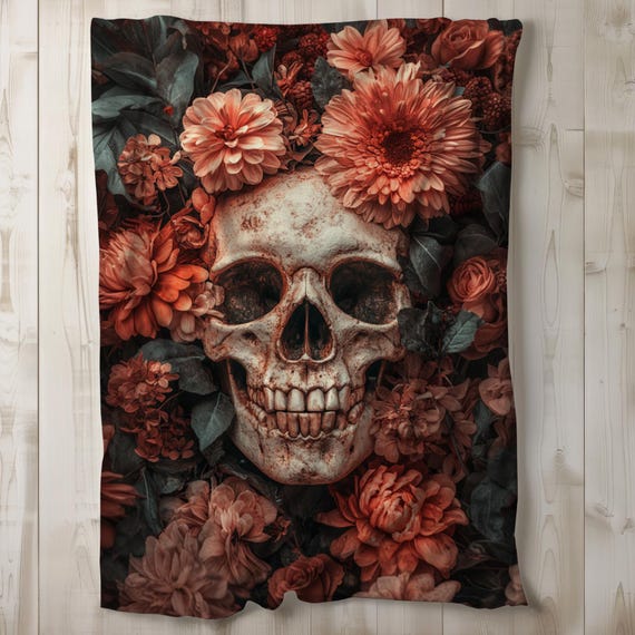 Boho Skull & Flowers Sherpa Blanket, Fleece Blanket 50x60, 60x80
