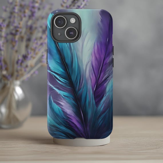 Purple Teal Feather Phone Case: Boho Style, Dual Layer Protection