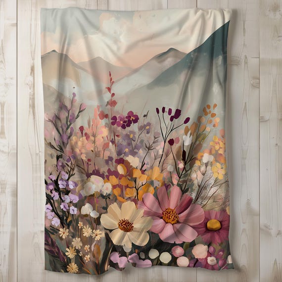 Mountain Wildflowers Sherpa Blanket, Floral Fleece Blanket, Flower Throw Blanket, Bedding, Gift Idea, Cottagecore Country Chic 50x60, 60x80