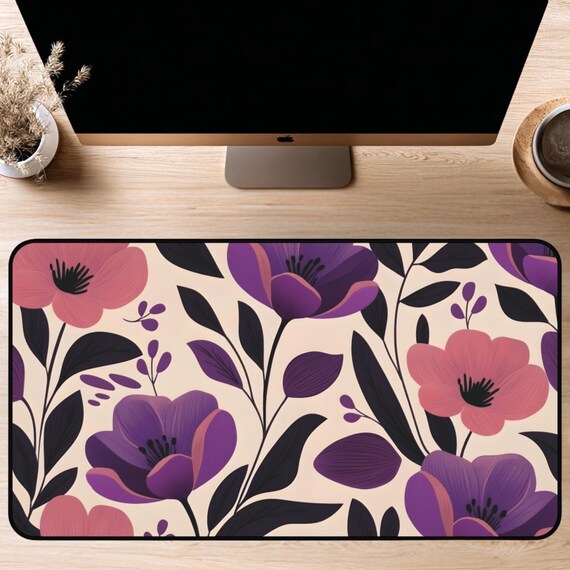 Floral Desk Mat: Pink & Purple Flower Mousepad, Office Decor