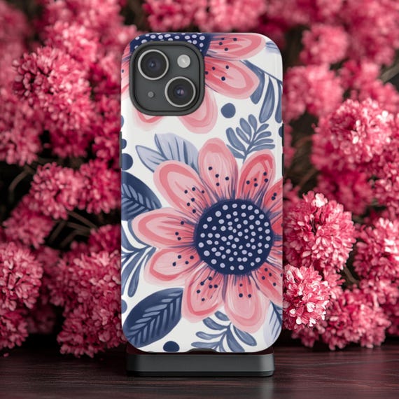 Flower Phone Case, Fits iPhone, Samsung Galaxy & Google Pixel Models, Floral Phone Case, Tough Phone Case, Blue Pink Phone Case, Pretty Case