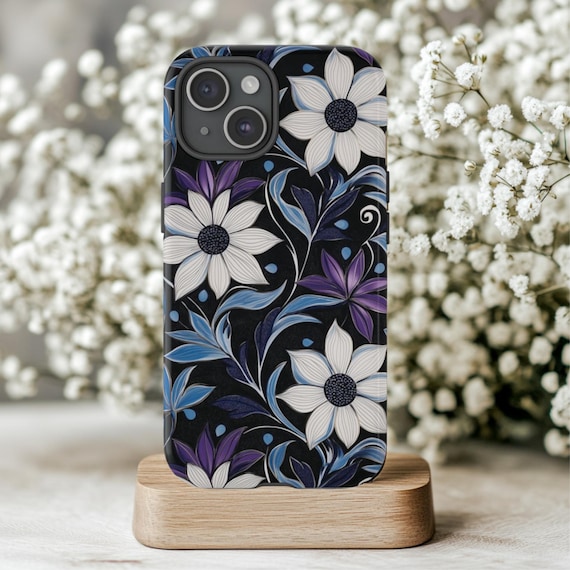 Flower Phone Case, Floral Phone Case, Fits iPhone, Samsung Galaxy & Google Pixel Models, Purple Blue White Phone Case, Pretty Phone Case