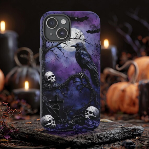 Raven Phone Case, Fits iPhone, Samsung Galaxy, Google Pixel Models, Skull Phone Case, Gothic Case, Halloween, Spooky, Graveyard, Tombstones