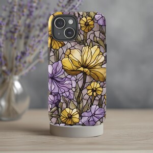 Flower Phone Case, Fits iPhone 11 12 13 14 15 16, Samsung Galaxy S20 S21 S22 S23 S24 S25, Pixel 7 8 9, Floral Vintage, Stained Glass, Purple
