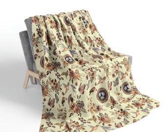 Cream Floral Birds and Butterflies Fleece Sherpa Blanket