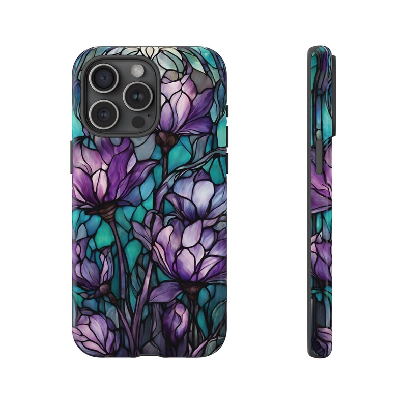 Purple & Teal Stained Glass Flower Tough Phone Case, Fits iPhone, Galaxy, Pixel image 11