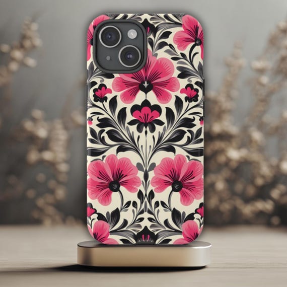 Flower Phone Case, Floral Phone Case, Fits iPhone, Samsung Galaxy & Google Pixel Models, Art Deco Phone Case, Black Pink Phone Case, Pattern