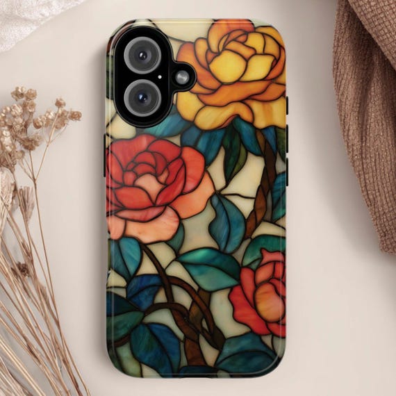 Stained Glass Roses Tough Phone Case: Fits iPhone, Galaxy, Pixel