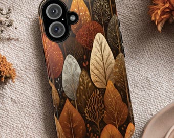 May include: A rectangular smartphone case featuring a dark brown background with a dense pattern of stylized leaves and branches in shades of orange, gold, cream, and rust. The case has a dual-lens camera cutout in the upper left corner.