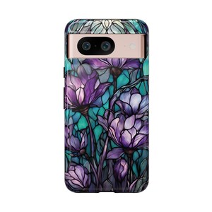 Purple & Teal Stained Glass Flower Tough Phone Case, Fits iPhone, Galaxy, Pixel image 13