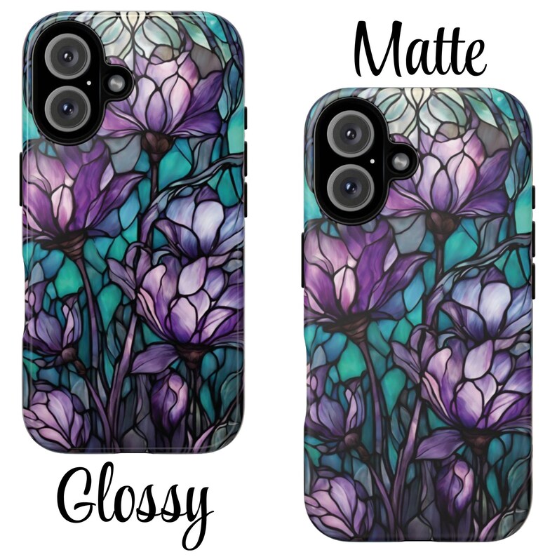 Purple & Teal Stained Glass Flower Tough Phone Case, Fits iPhone, Galaxy, Pixel image 4