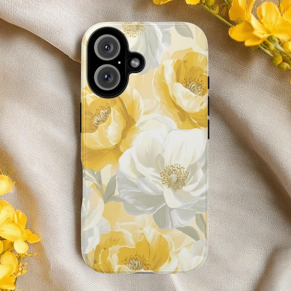Yellow & White Floral Tough Phone Case, Fits iPhone, Galaxy, Pixel