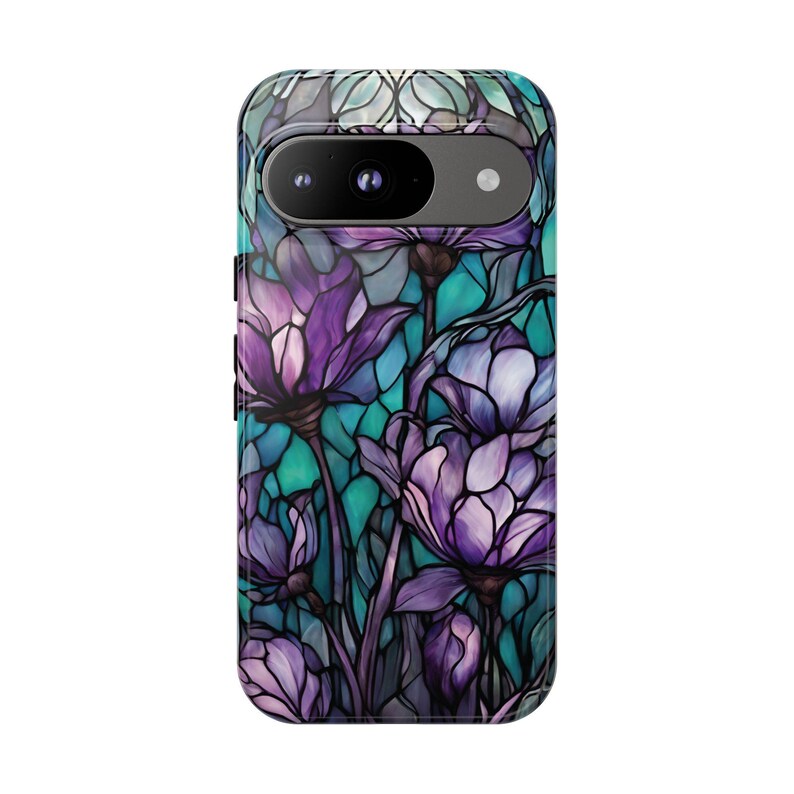 Purple & Teal Stained Glass Flower Tough Phone Case, Fits iPhone, Galaxy, Pixel image 12