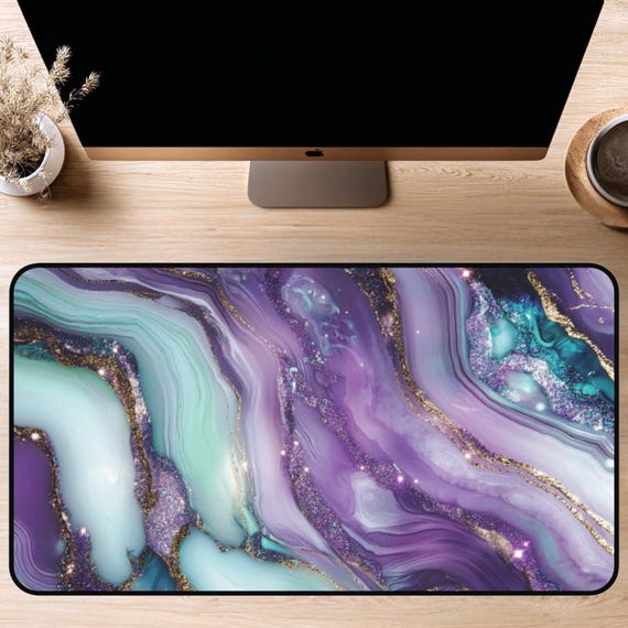 Marbled Desk Mat, Glam Desk Pad, Purple & Green Mousepad, Office Decor, College Dorm Decor, Keyboard Mat, Pretty Desk Pad, Teen Girl Gift