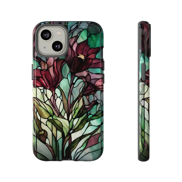 Stained Glass Flowers Maroon & Green Cell Phone Case | iPhone Cases | Samsung Galaxy Cases | Google Pixel Cases | 46 Different Models