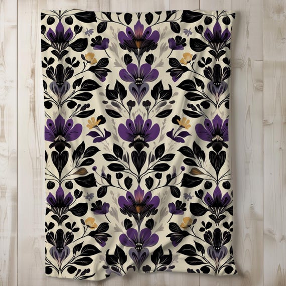 Purple & Black Sherpa Blanket, Flower Fleece Blanket, Floral Throw Blanket, Bedding, Gift Idea, Folk Art Nouveau 50x60, 60x80, Vintage Look