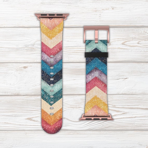 Chevron Watch Band for Apple Watch Series 1 2 3 4 5 6 7 8 9 Ultra SE, Faux Leather, Stainless Steel Hardware, Colorful Trendy Pink Blue