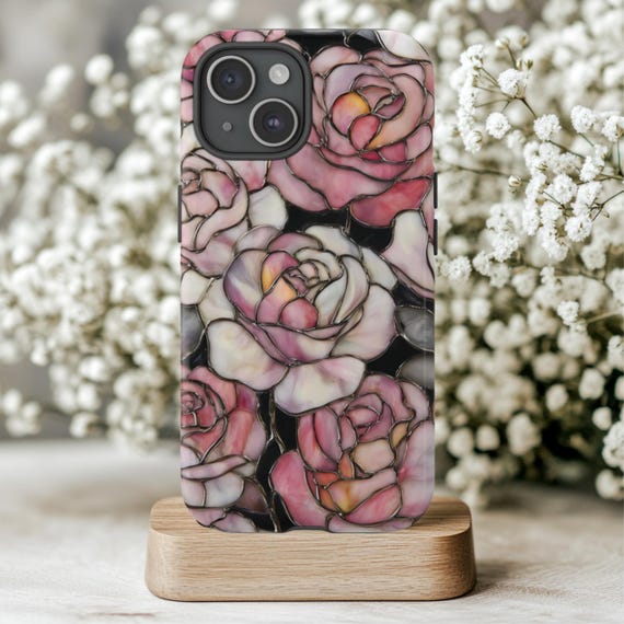 Roses Phone Case Fits iPhone 11 12 13 14 15 16, Samsung Galaxy S20 S21 S22 S23 S24 S25, Pixel 7 8 9, Stained Glass Flower Floral Pink Black