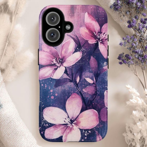 Purple & Pink Distressed Floral Tough Phone Case, Fits iPhone, Galaxy, Pixel